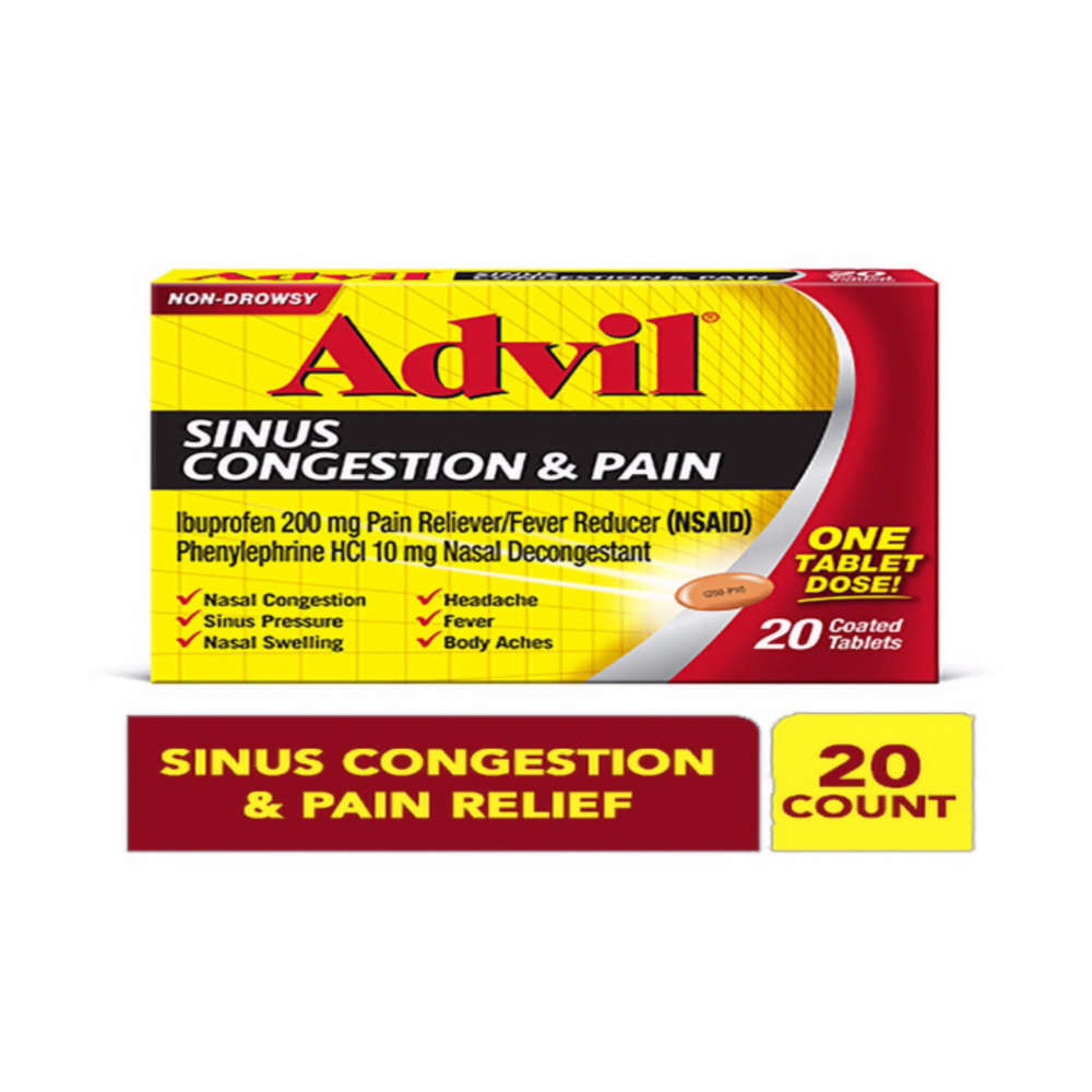 Advil Sinus Congestion and Pain, Sinus Medicine, Pain Reliever and Fever Reducer With Ibuprofen and Phenylephrine Hcl - 20 Coated Tablets