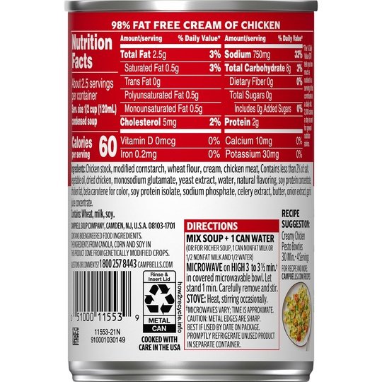 Campbell’s Condensed 98% Fat Free Cream of Chicken Soup, 10.5 Ounce Can