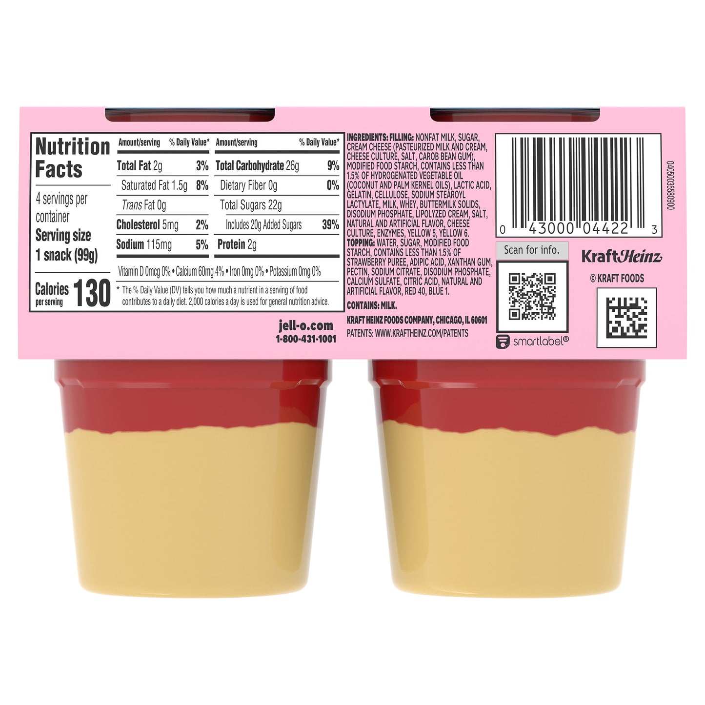 Jell-O Original Strawberry Cheesecake Pudding Cups Snack, 4 Ct Cups