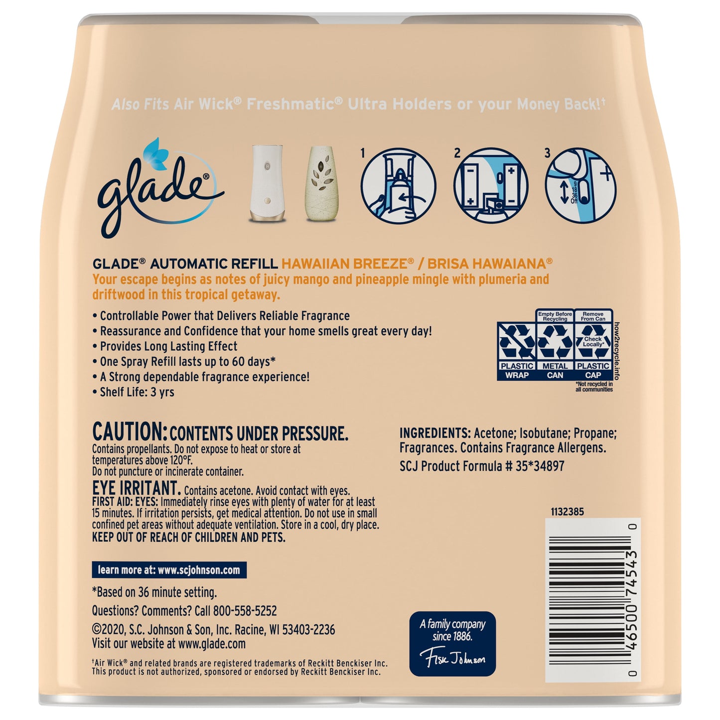 Glade Automatic Spray Refill 2 CT, Hawaiian Breeze, 12.4 OZ. Total, Air Freshener Infused with Essential Oils