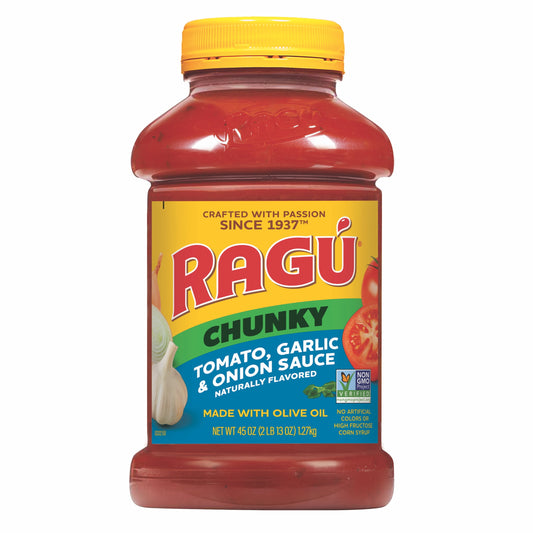 Ragu Chunky Tomato, Garlic and Onion Pasta Sauce, Made with Olive Oil, Diced Tomatoes, Delicious Garlic and Onions, 45 oz