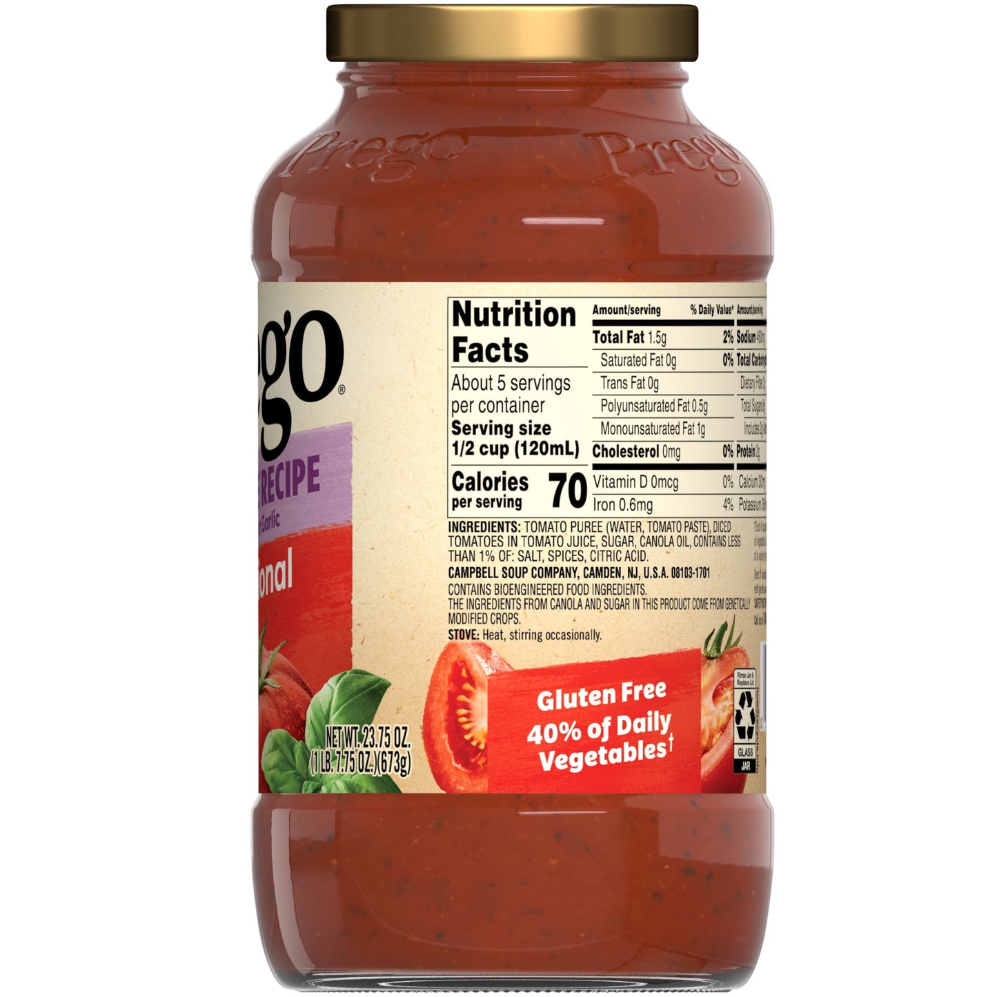 Prego Sensitive Recipe Low FODMAP Traditional Spaghetti Sauce, 23.75 oz Jar