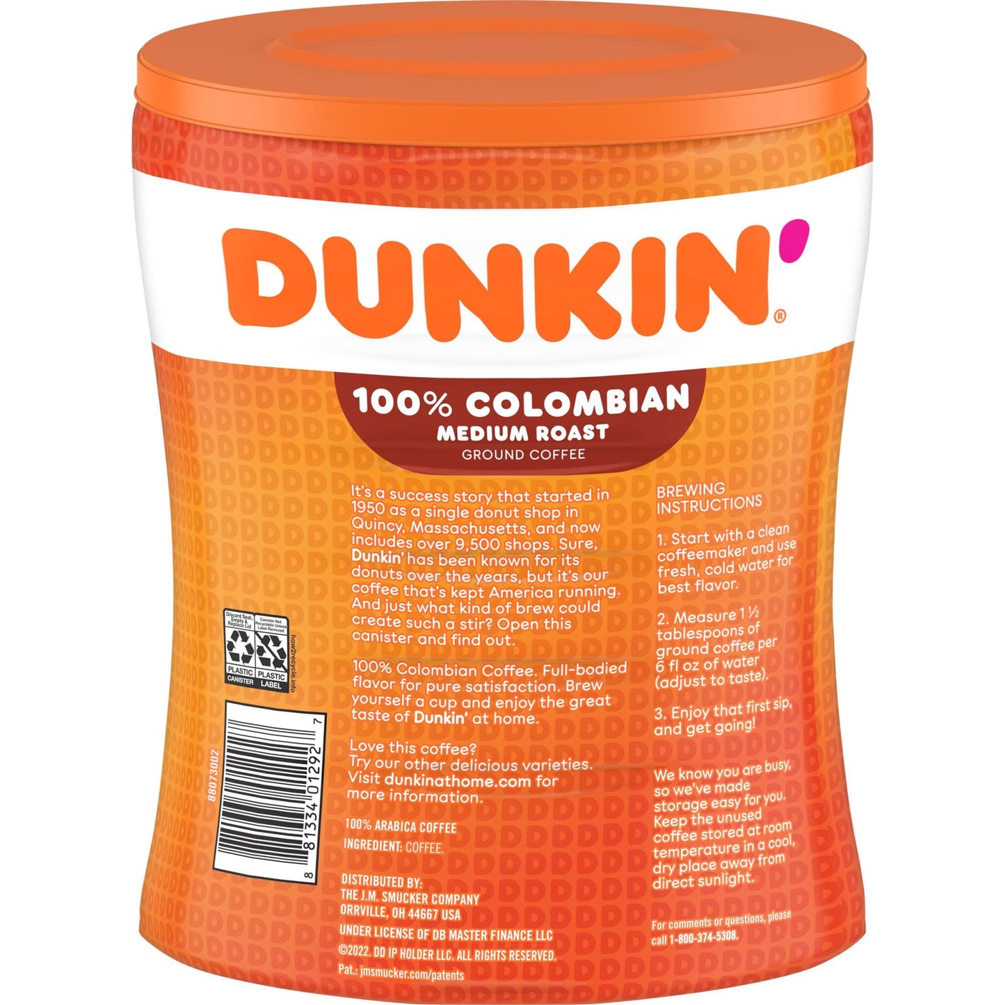 Dunkin 100% Colombian Medium Roast Ground Coffee, 27.5 oz. Canister