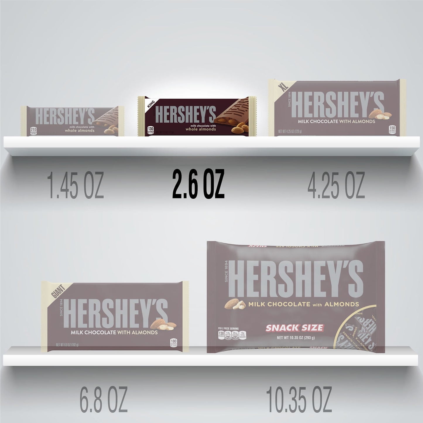 Hershey's Milk Chocolate with Whole Almonds King Size Candy, Bar 2.6 oz