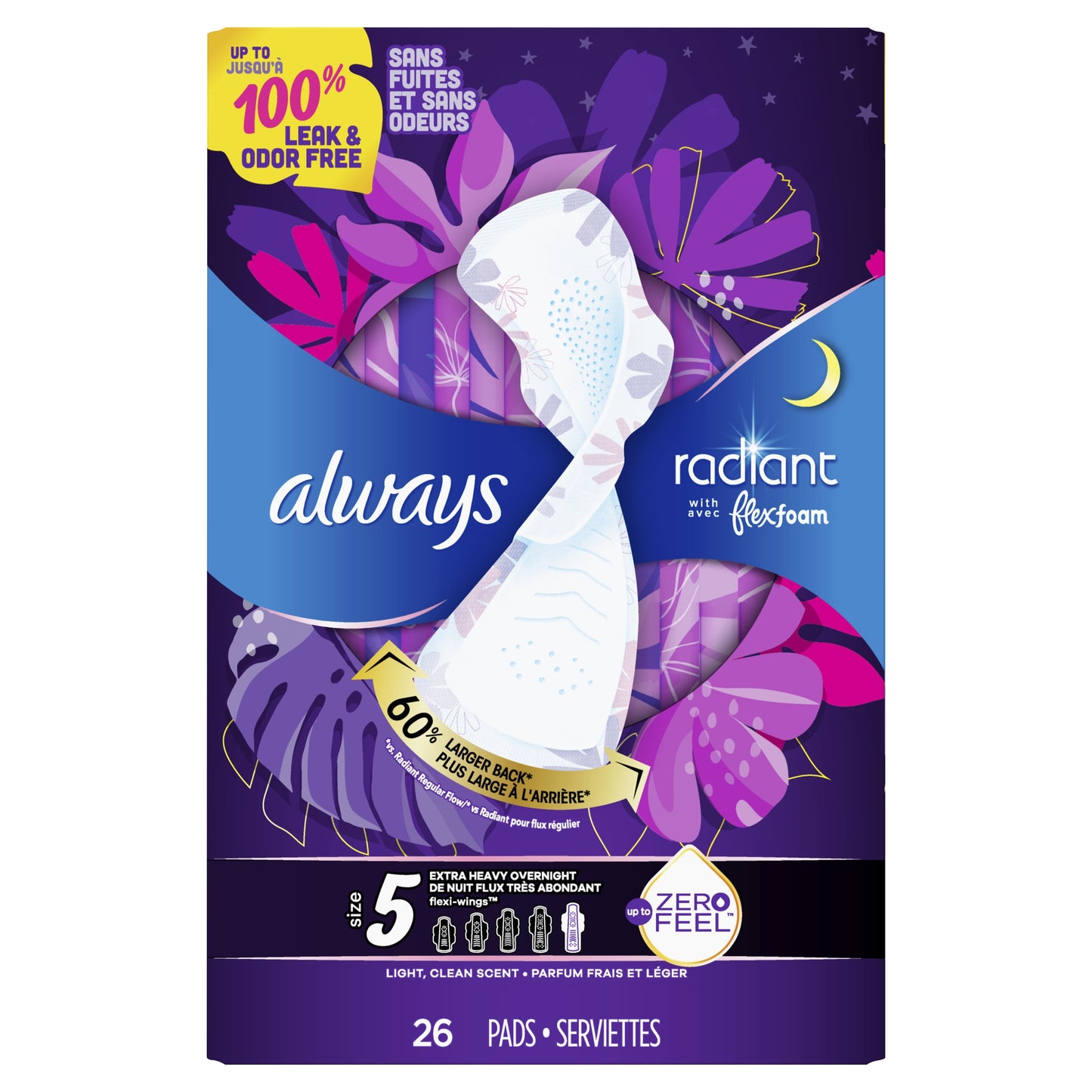 Always Radiant Feminine Pads with Wings, Size 5, Extra Heavy Overnight Absorbency, Scented, 26 CT