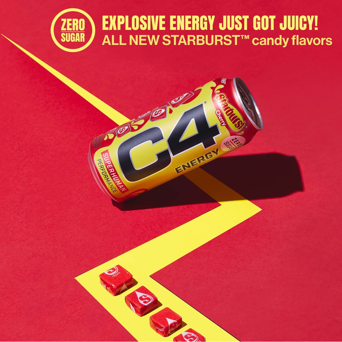 C4 Energy Drink + Strawberry Starburst + Zero Sugar + Explosive Energy Juicy Flavor + 16oz Single Can