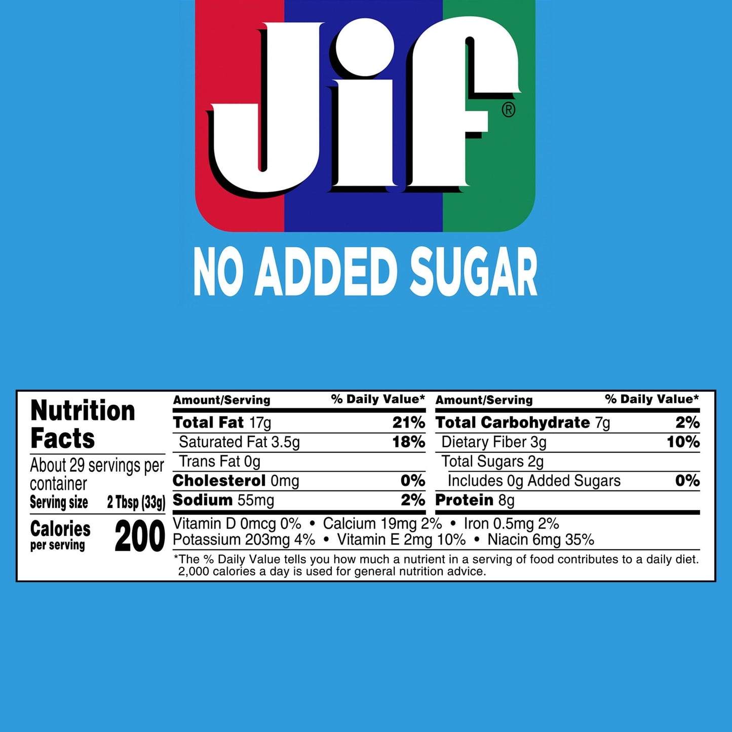 Jif No Added Sugar Creamy Peanut Butter Spread, 33.5 oz. - Smooth, Creamy Texture, No Stir Peanut Butter Spread