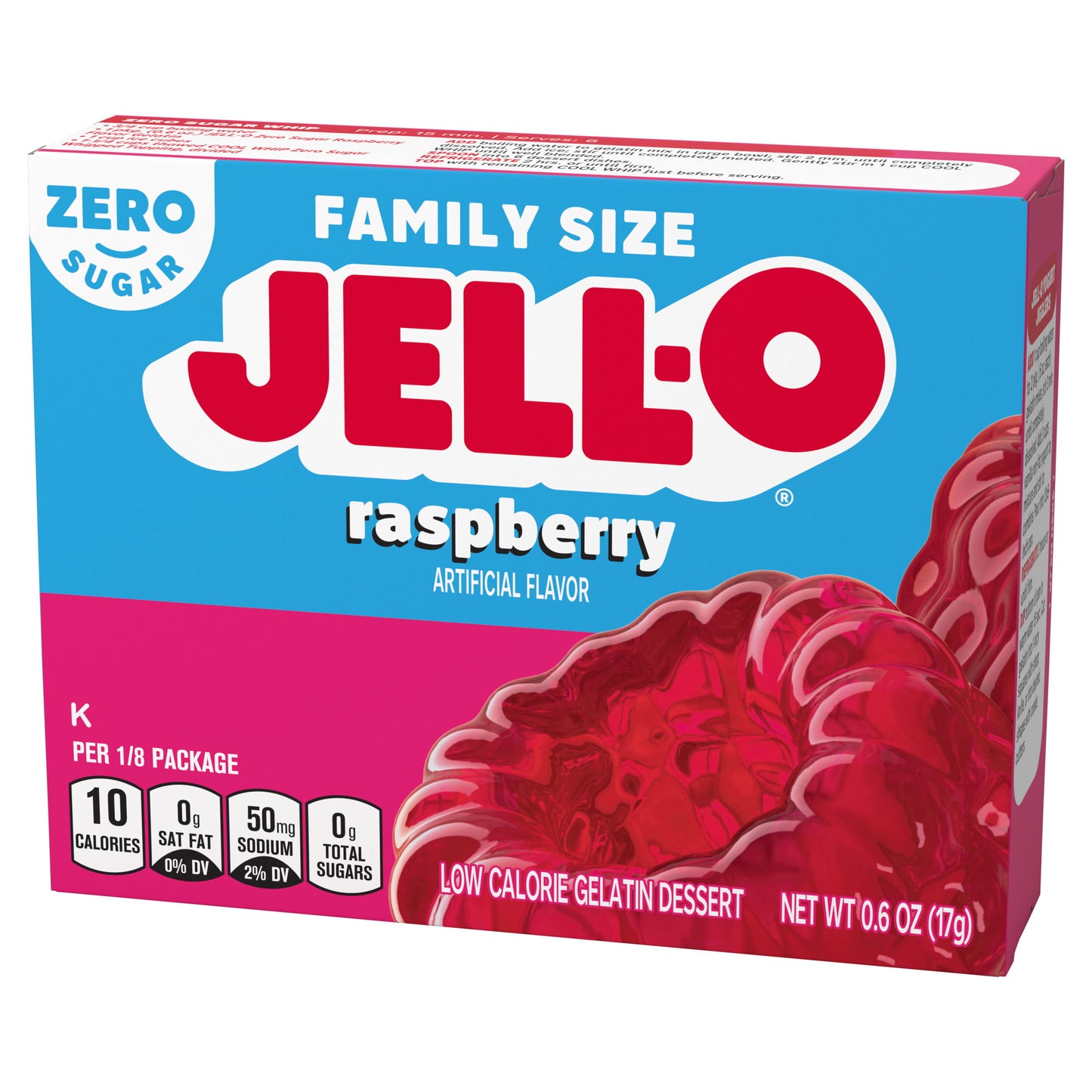 Jell-O Raspberry Artificially Flavored Zero Sugar Gelatin Dessert Mix, Family Size, 0.6 oz Box