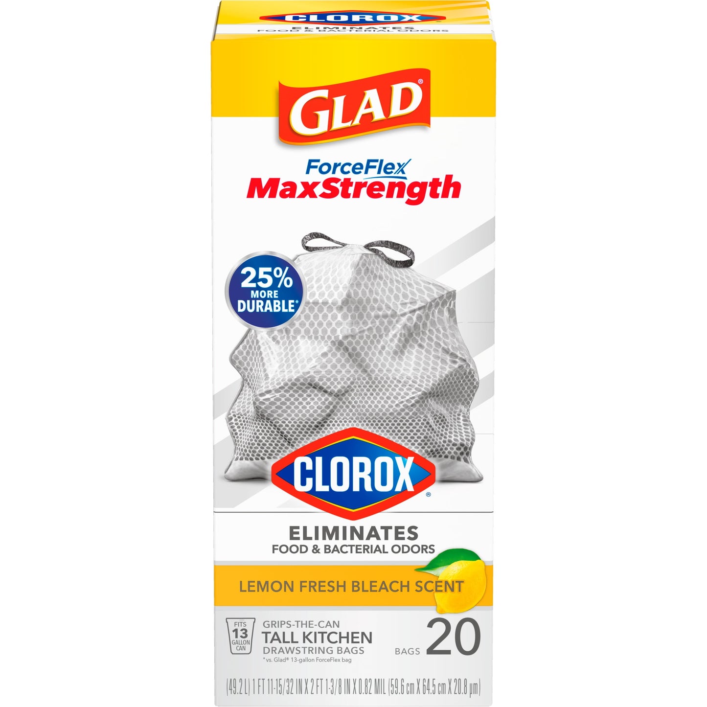 Glad ForceFlex MaxStrength with Clorox 13 Gallon Kitchen Trash Bags, Lemon Fresh Bleach, 20 Bags