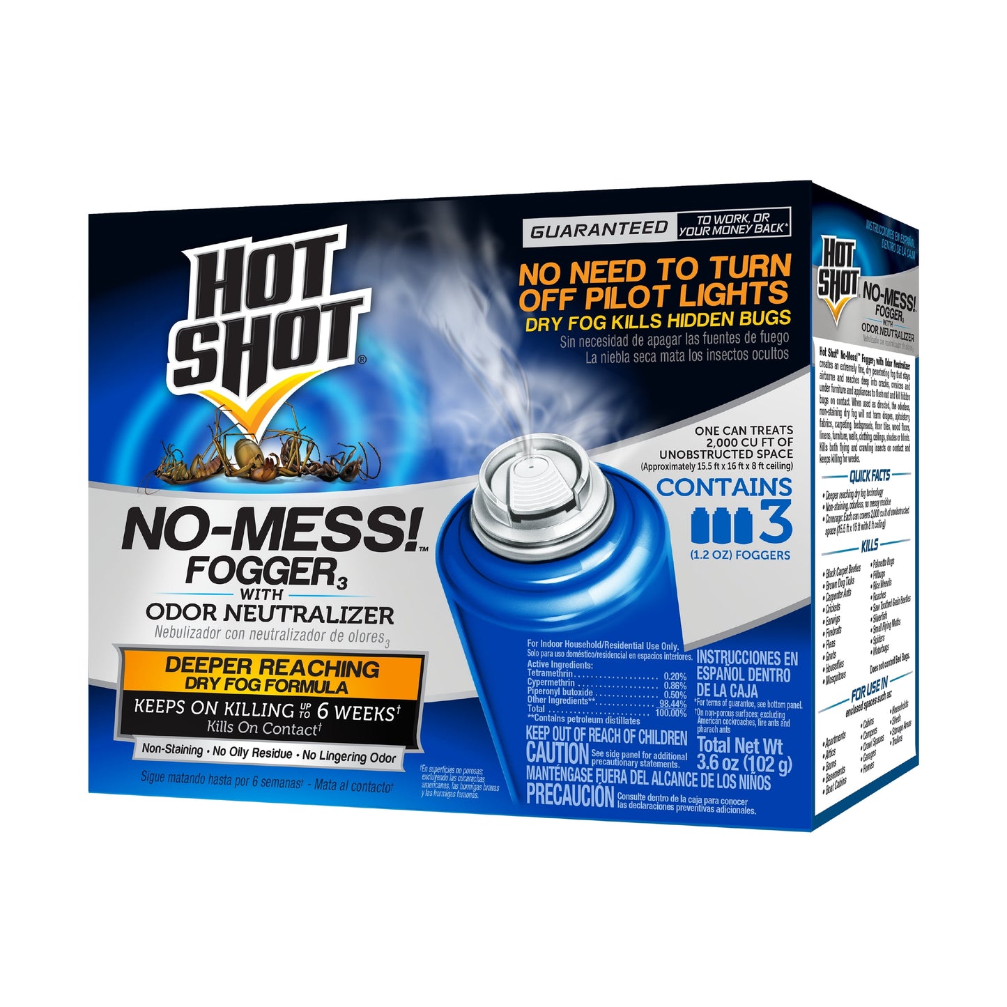 Hot Shot No-Mess! Fogger W/Odor Neutralizer 1.2oz Cans, 3 Pack, Kills Bugs