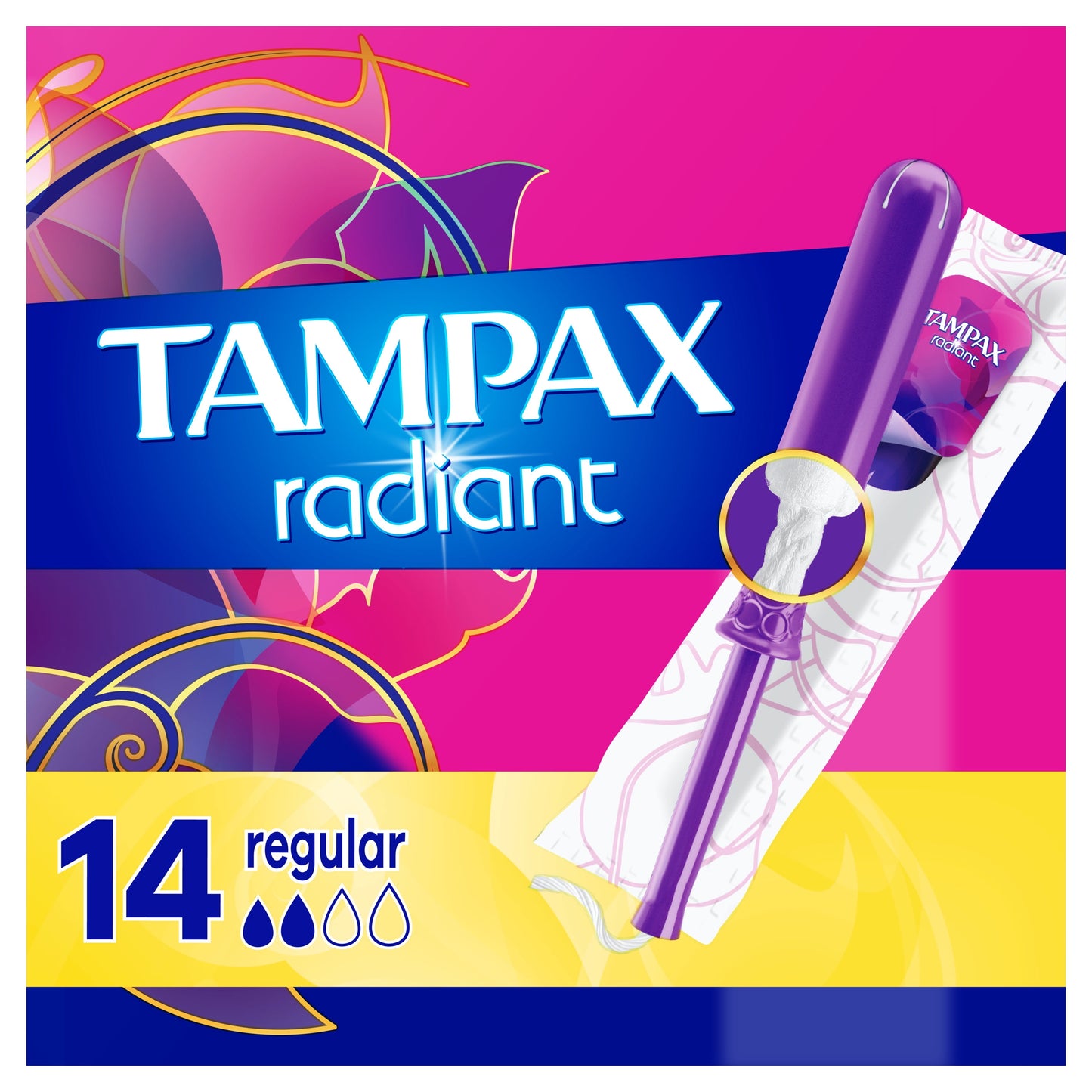 Tampax Radiant Tampons with LeakGuard Braid, Regular Absorbency, 14 Count