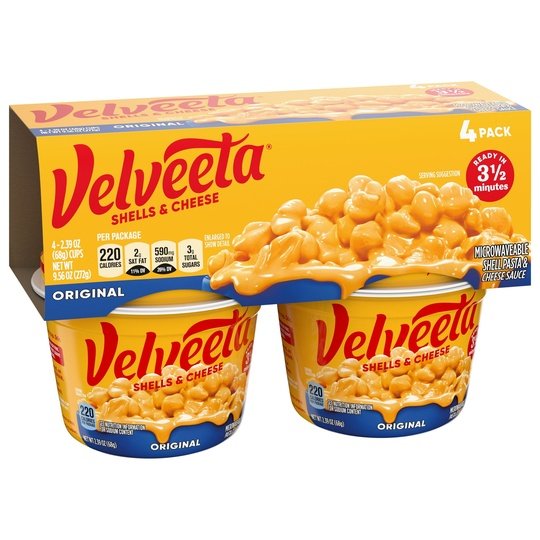 Velveeta Shells and Cheese Macaroni and Cheese Cups Easy Microwavable Dinner, 4 ct Pack, 2.39 oz Cups