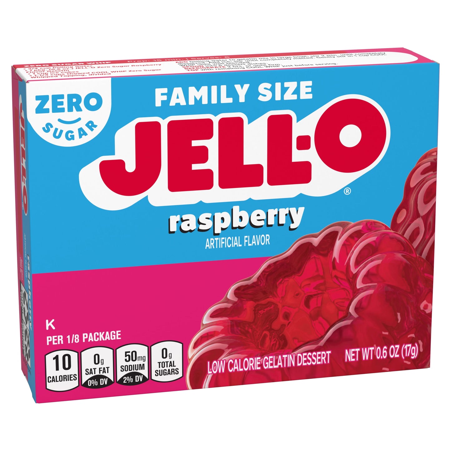 Jell-O Raspberry Artificially Flavored Zero Sugar Gelatin Dessert Mix, Family Size, 0.6 oz Box