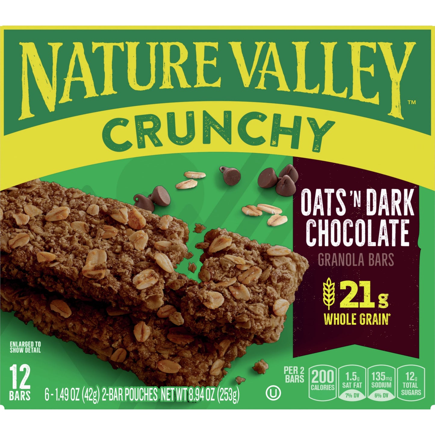 Nature Valley Crunchy Granola Bars, Oats 'n Dark Chocolate, 12 Bars, 8.94 OZ (6 Pouches)