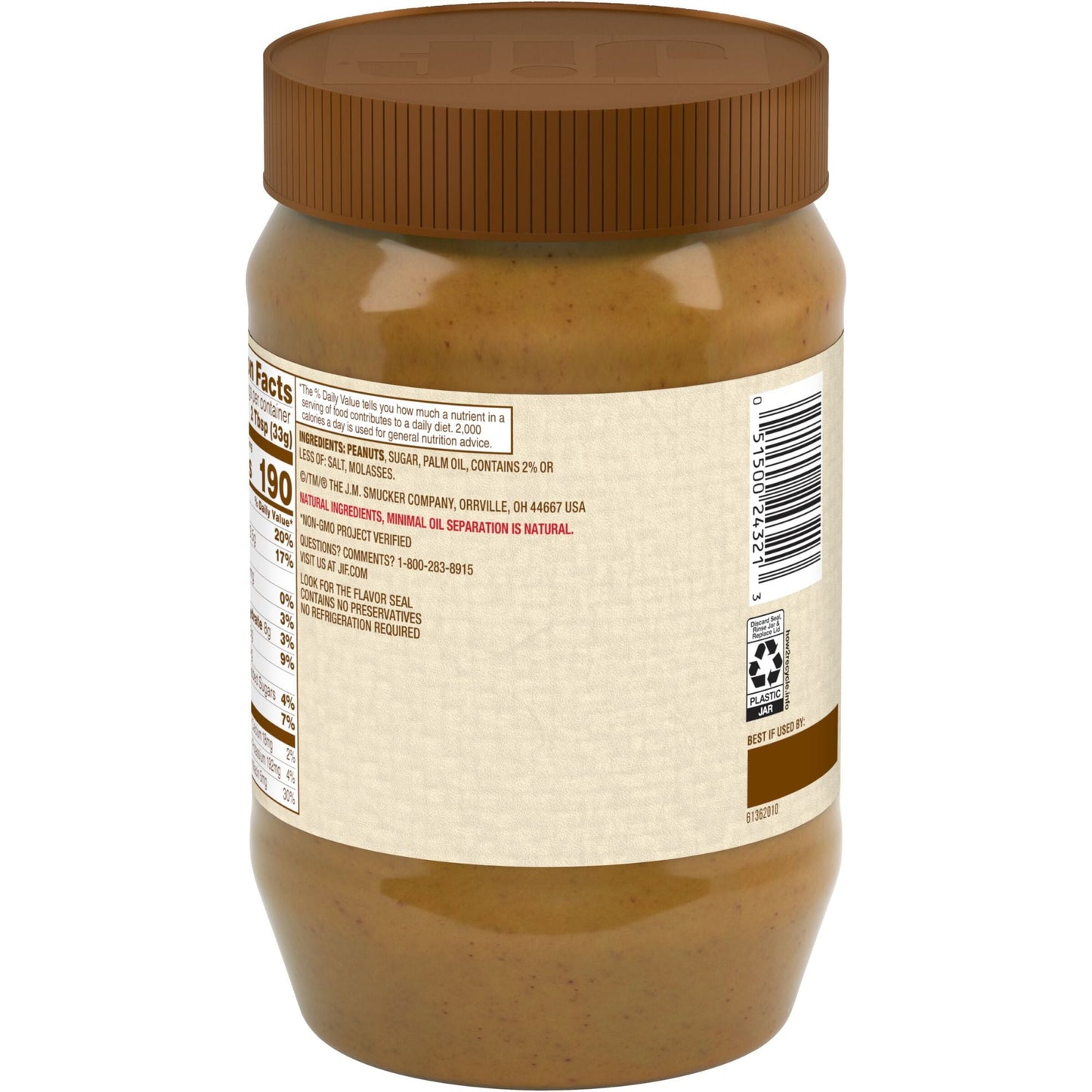 Jif Natural Creamy Peanut Butter Spread  Contains 90% Peanuts, 40 Ounces