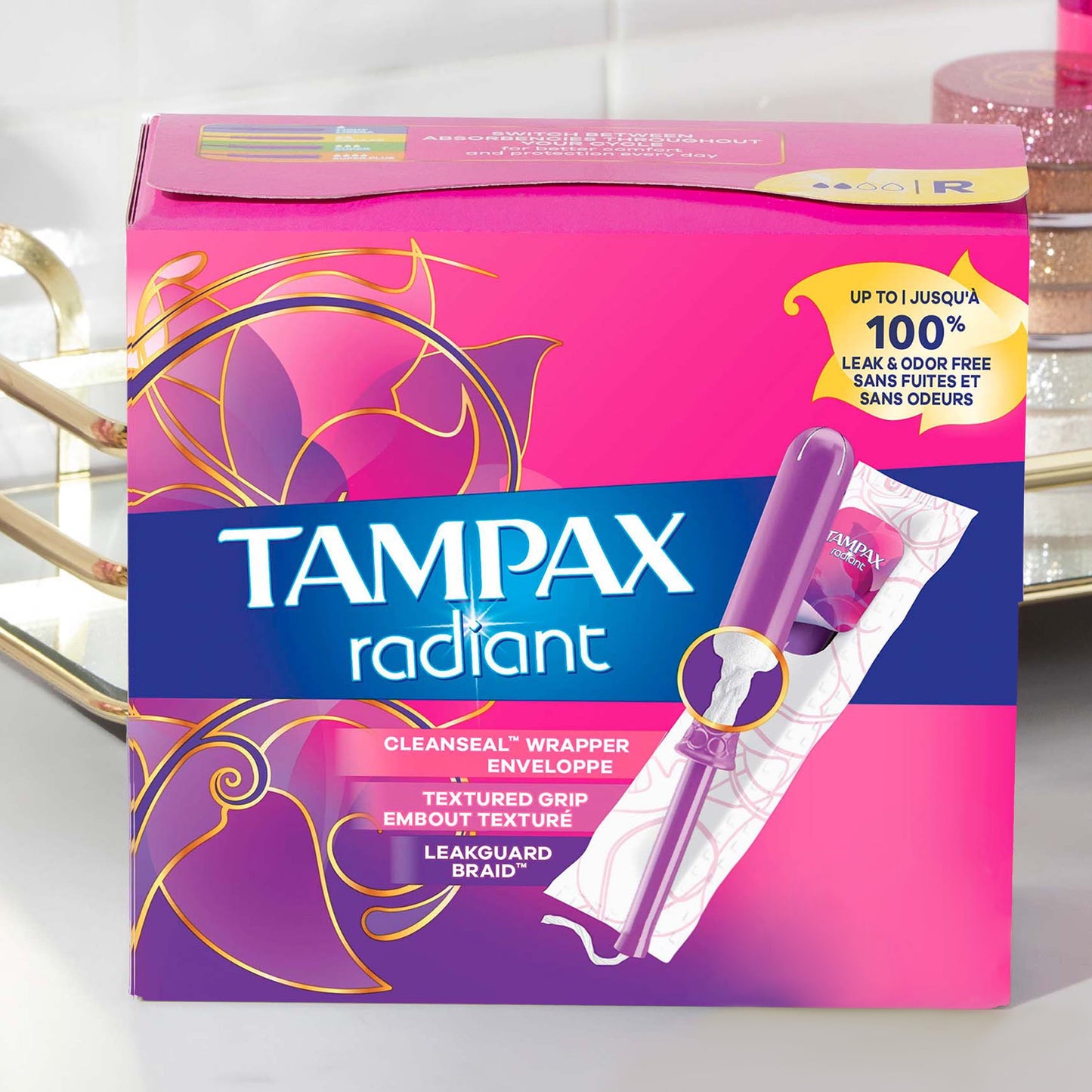 Tampax Radiant Tampons Duo Pack with LeakGuard Braid, Regular/Super Absorbency, 38 Ct