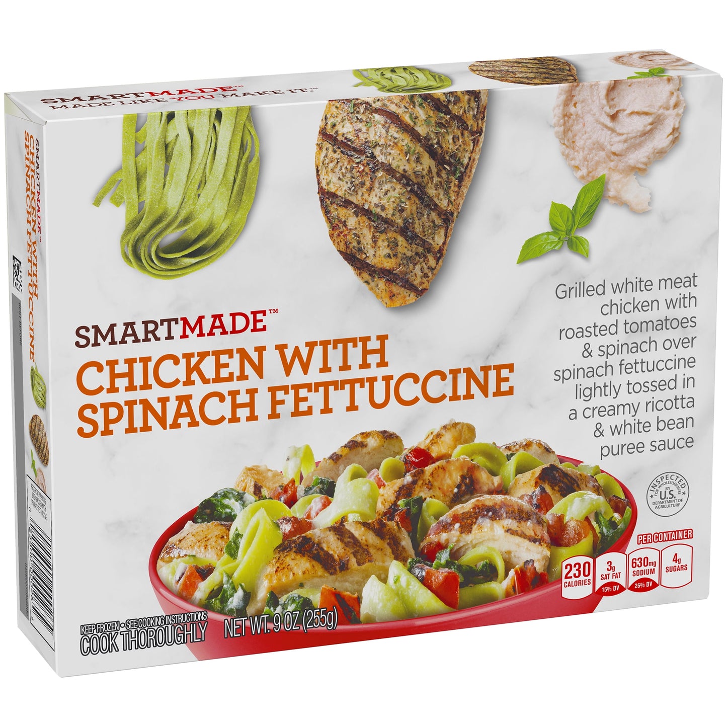 Smart Made Chicken with Spinach Fettuccine Pasta, Tomatoes, Spinach & Creamy Ricotta White Bean Puree Sauce Frozen Meal, 9 oz Box