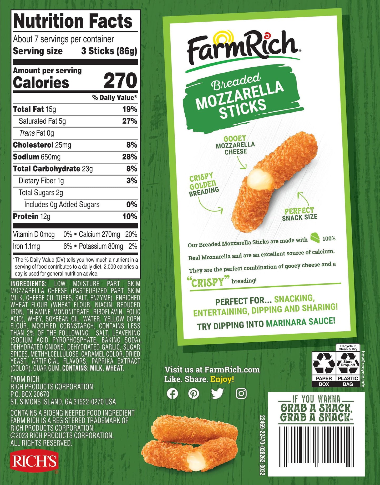 Farm Rich Breaded Mozzarella Cheese Sticks, Regular, 22 oz (Frozen)