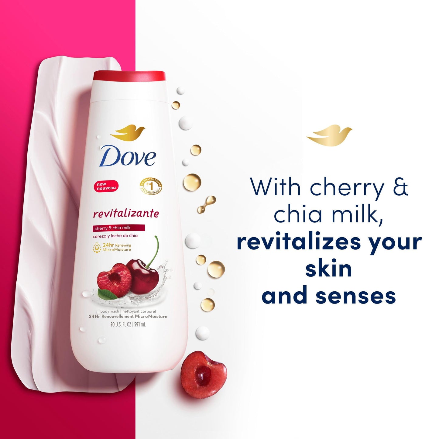 Dove Revitalizante Long Lasting Gentle Body Wash, Cherry and Chia Milk, 20 fl oz