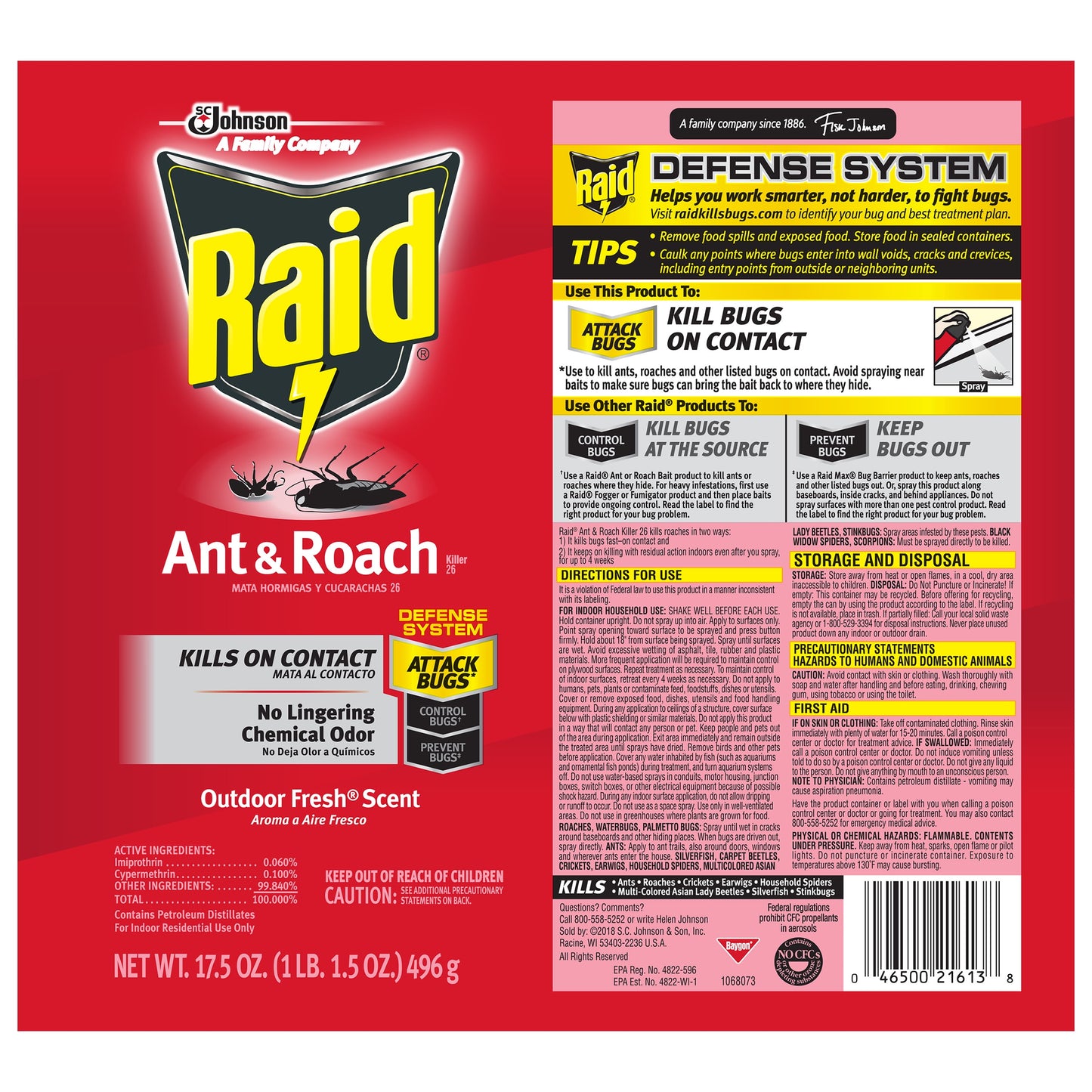 Raid Ant & Roach 26, Aerosol Bug Spray Kills on Contact, Outdoor Fresh Scent, 17.5 oz