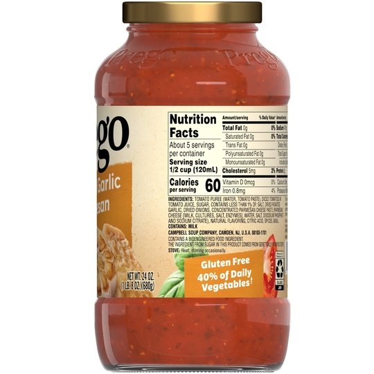 Prego Pasta Sauce, Italian Tomato Sauce with Roasted Garlic & Parmesan Cheese, 24 oz Jar