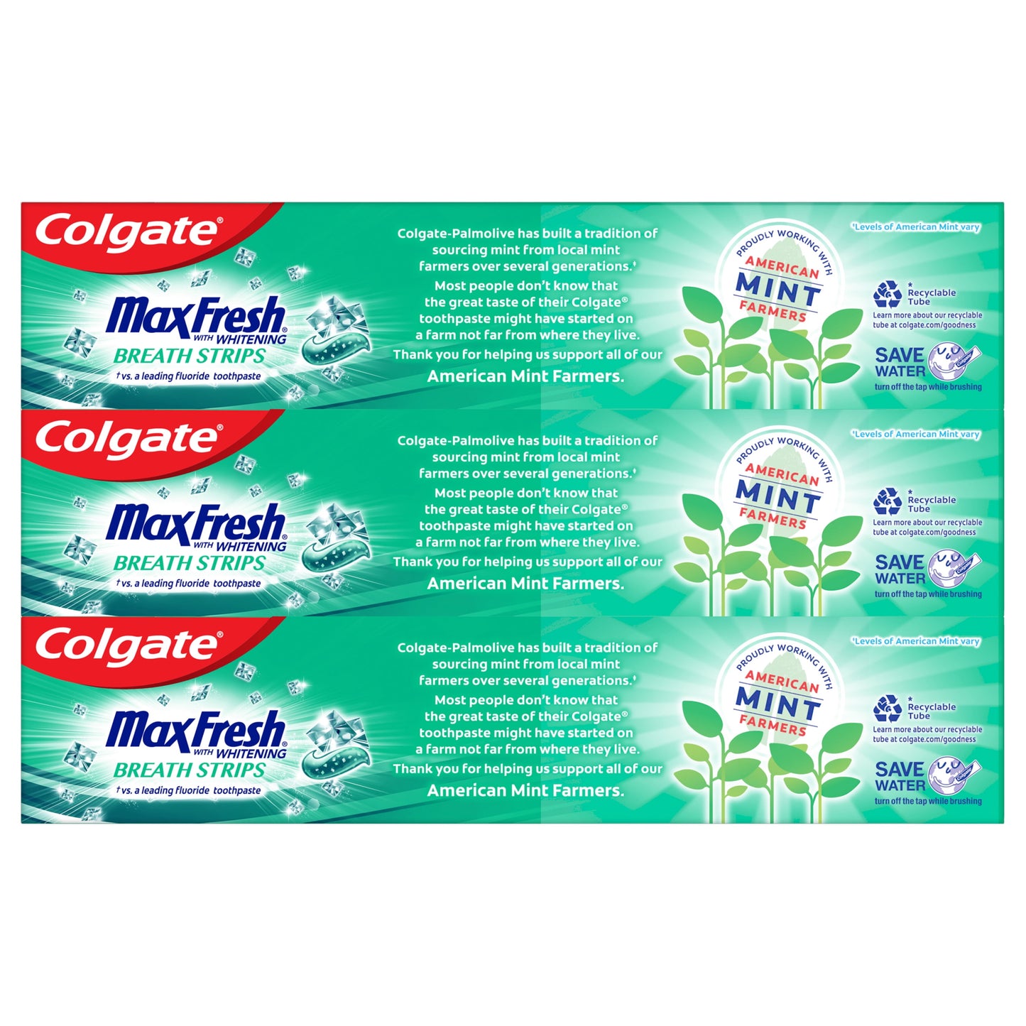 Colgate Max Fresh Toothpaste, Mini Breath Strips, Clean Mint, 3 Pack, 6.3 oz