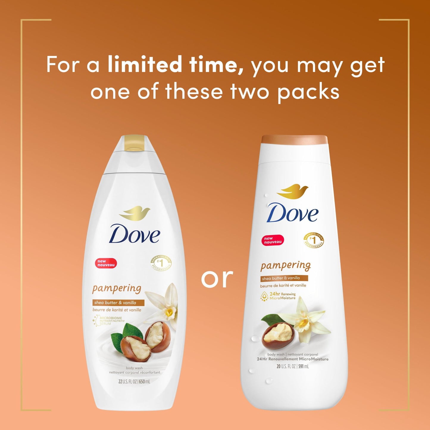 Dove Pampering Long Lasting Gentle Body Wash Twin Pack, Shea Butter and Vanilla, 20 fl oz