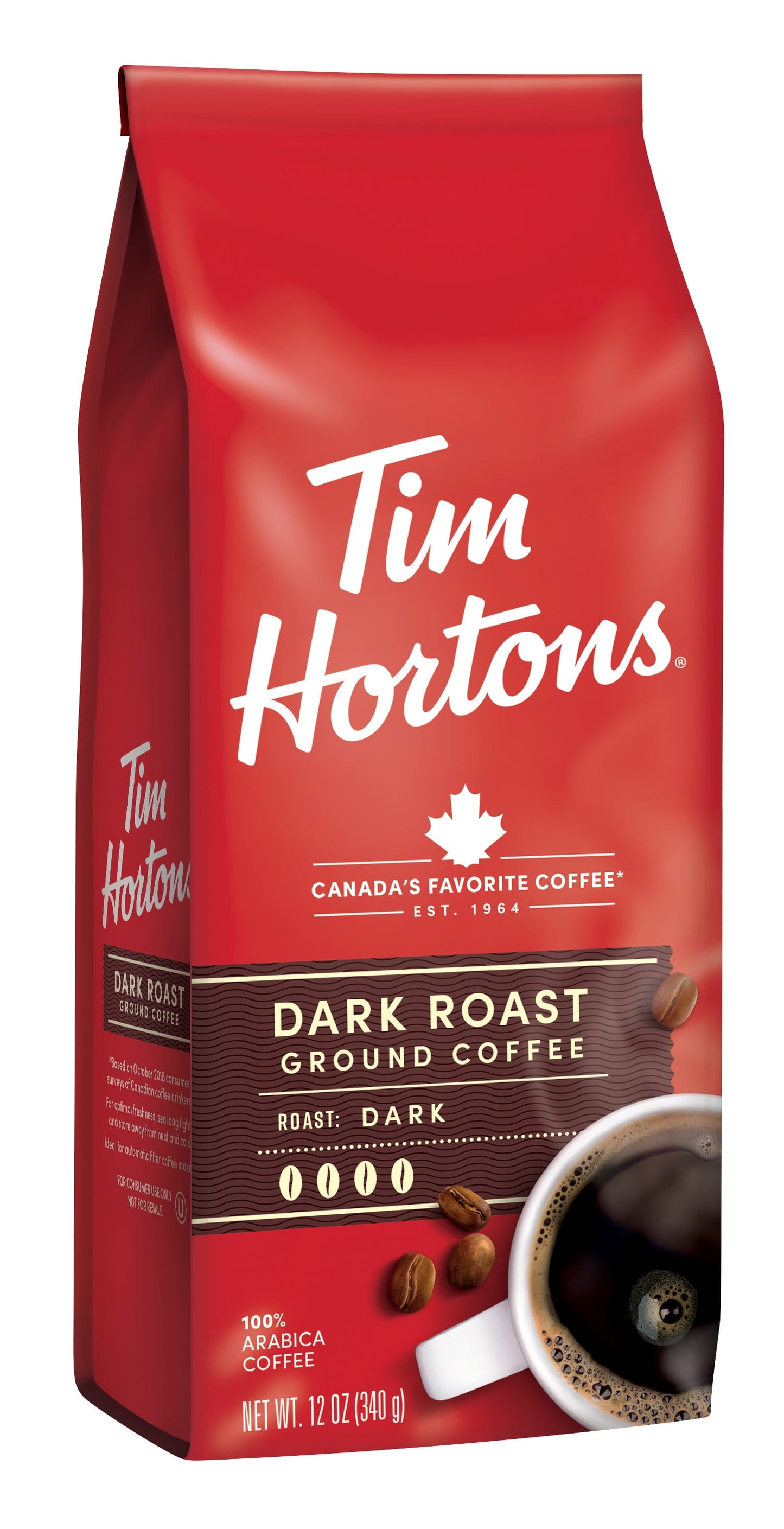 Tim Hortons Dark Roast Ground Coffee, 100% Arabica, 12 oz Bag