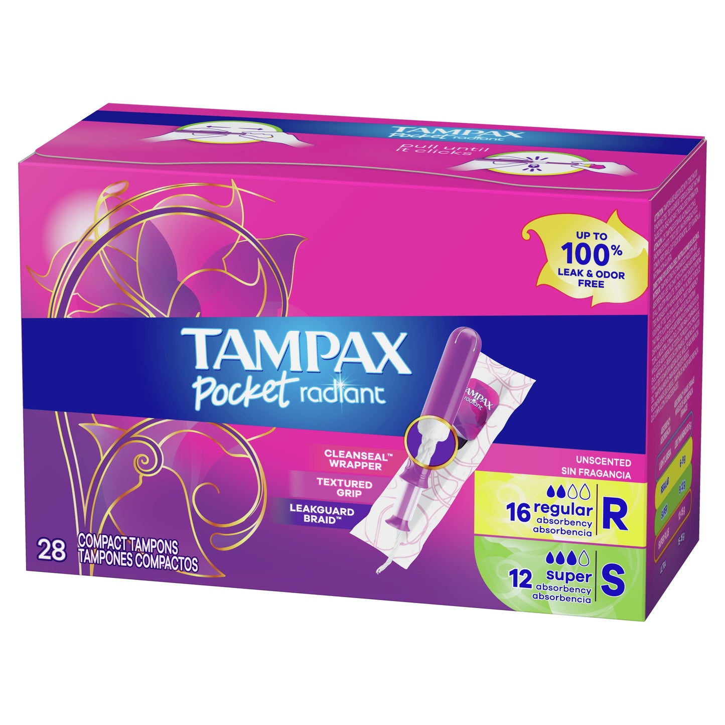 Tampax Pocket Radiant Tampons with LeakGuard Braid, DuoPack Regular/Super Absorbency, 28 Ct