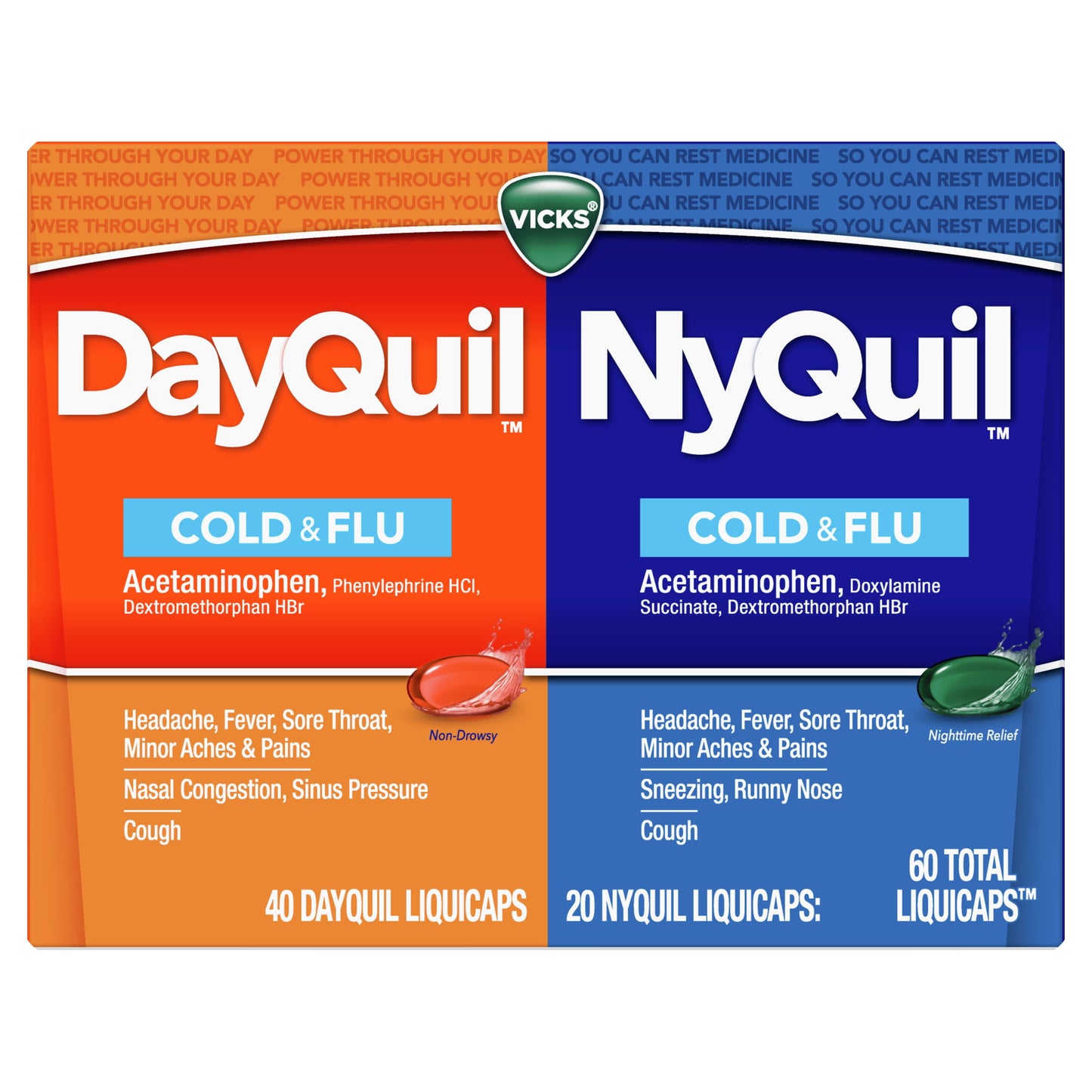 Vicks DayQuil and NyQuil Cold, Cough and Flu Liquicaps, Over-the-Counter Medicine, 60 Ct