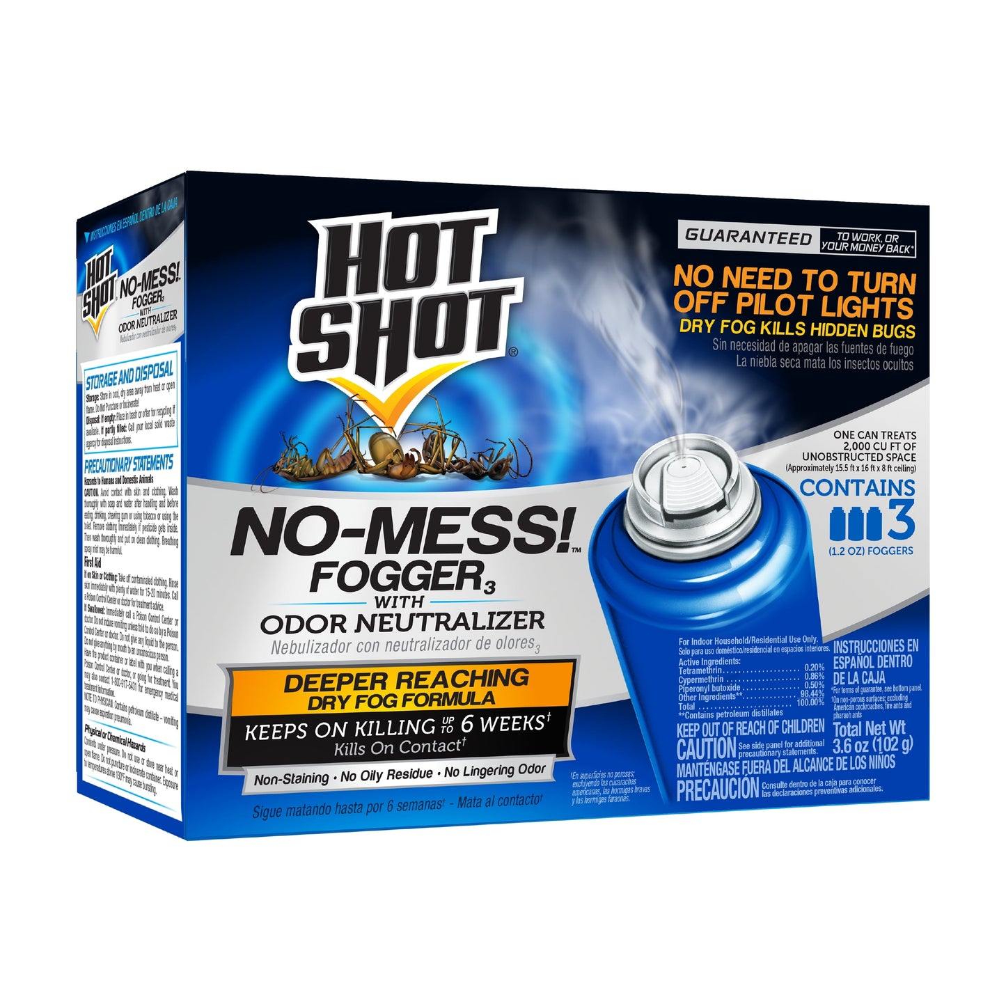 Hot Shot No-Mess! Fogger W/Odor Neutralizer 1.2oz Cans, 3 Pack, Kills Bugs