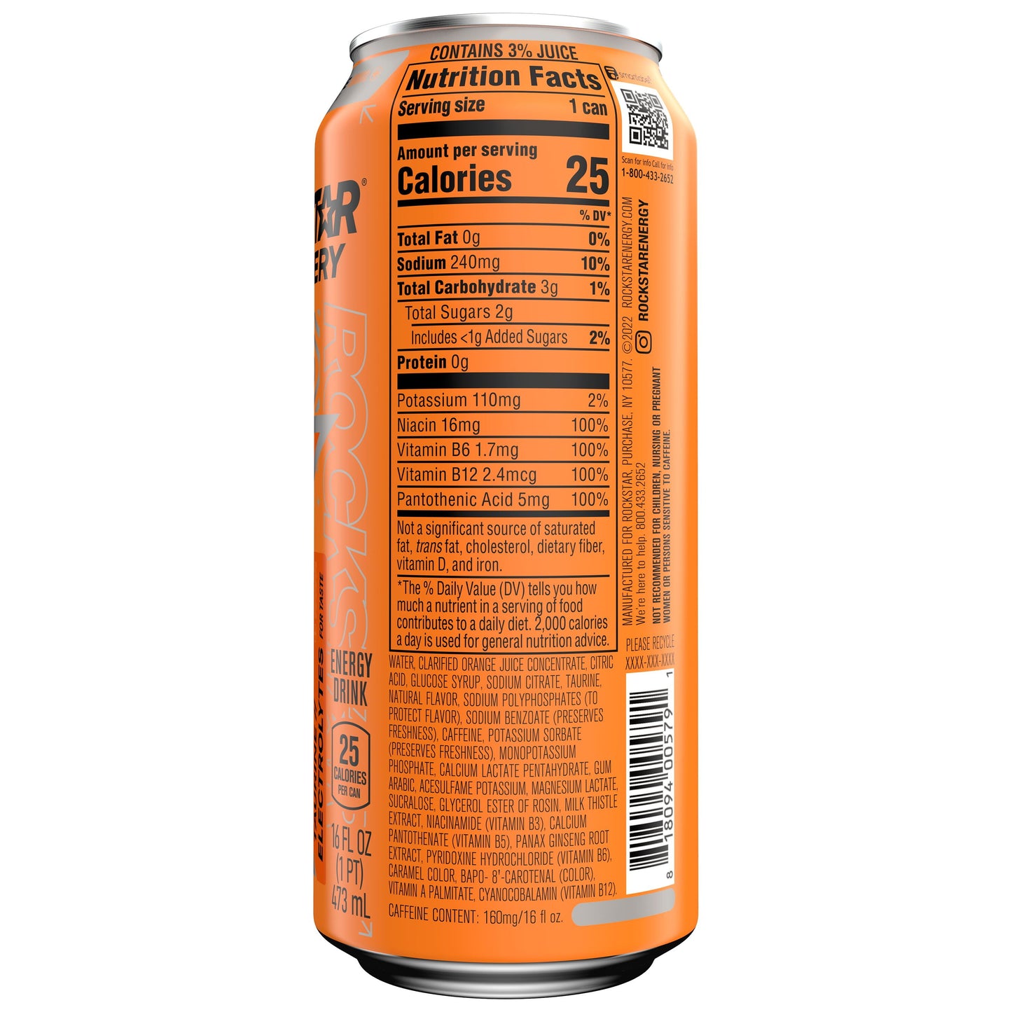 Rockstar Recovery Orange with Electrolytes Energy Drink, 16 oz Can