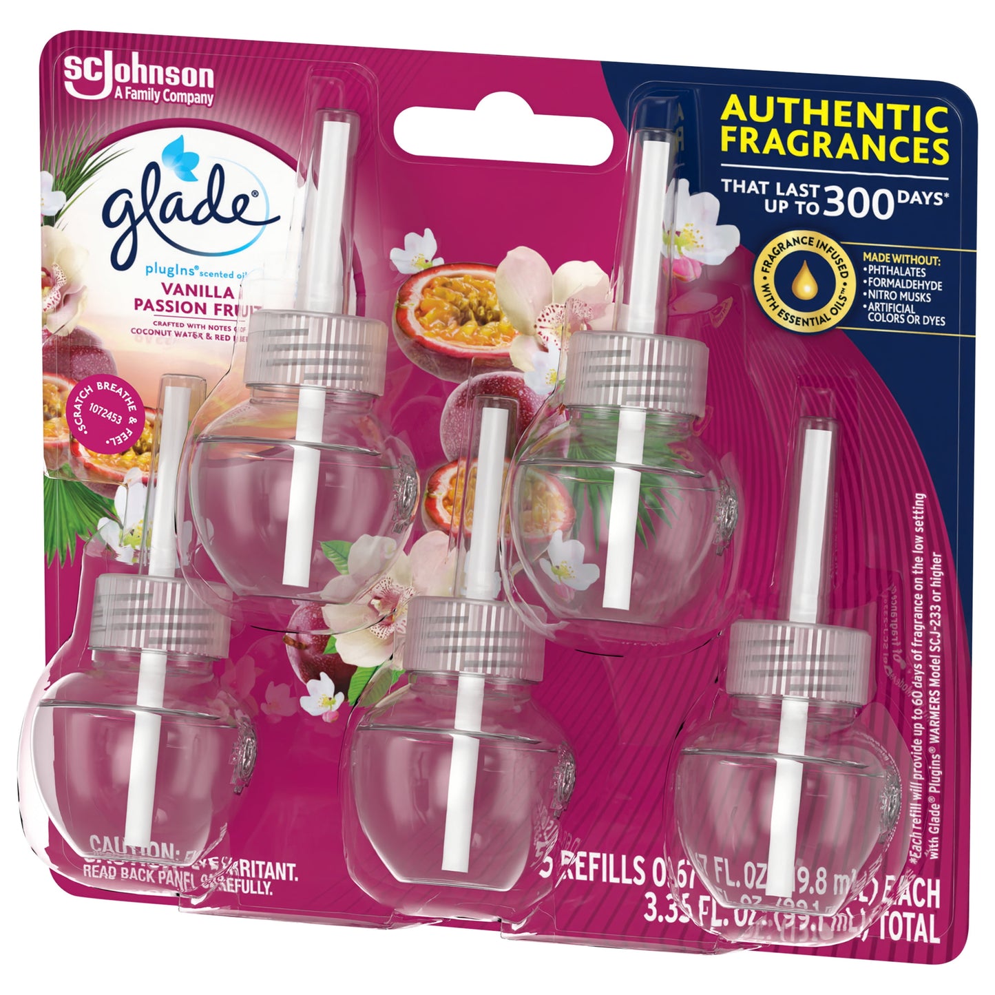 Glade PlugIns Refill 5 ct, Vanilla Passion Fruit, 3.35 FL. oz. Total, Scented Oil Air Freshener Infused with Essential Oils