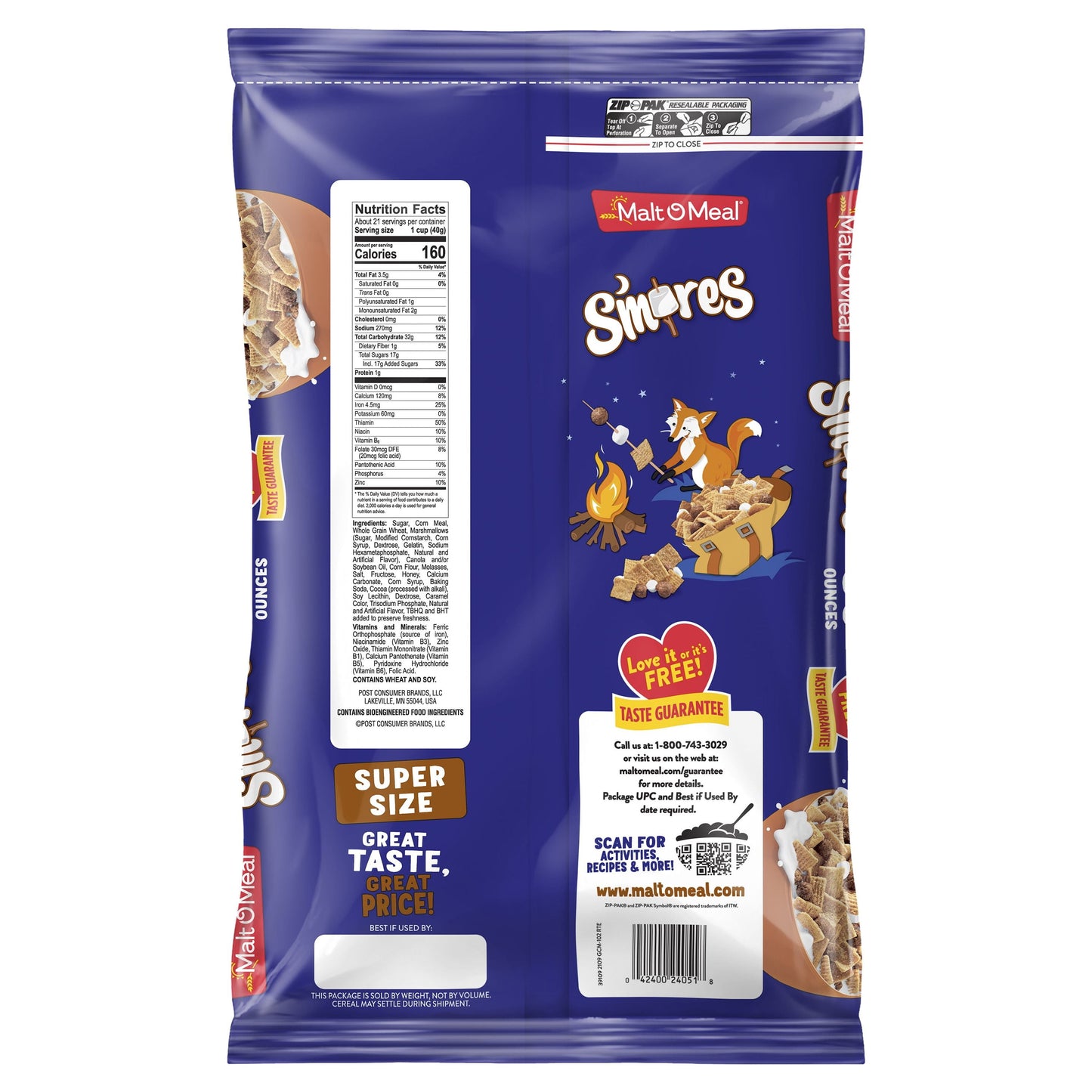 Malt-O-Meal S'mores Breakfast Cereal, Smores Cereal, 30 oz Resealable Cereal Bag