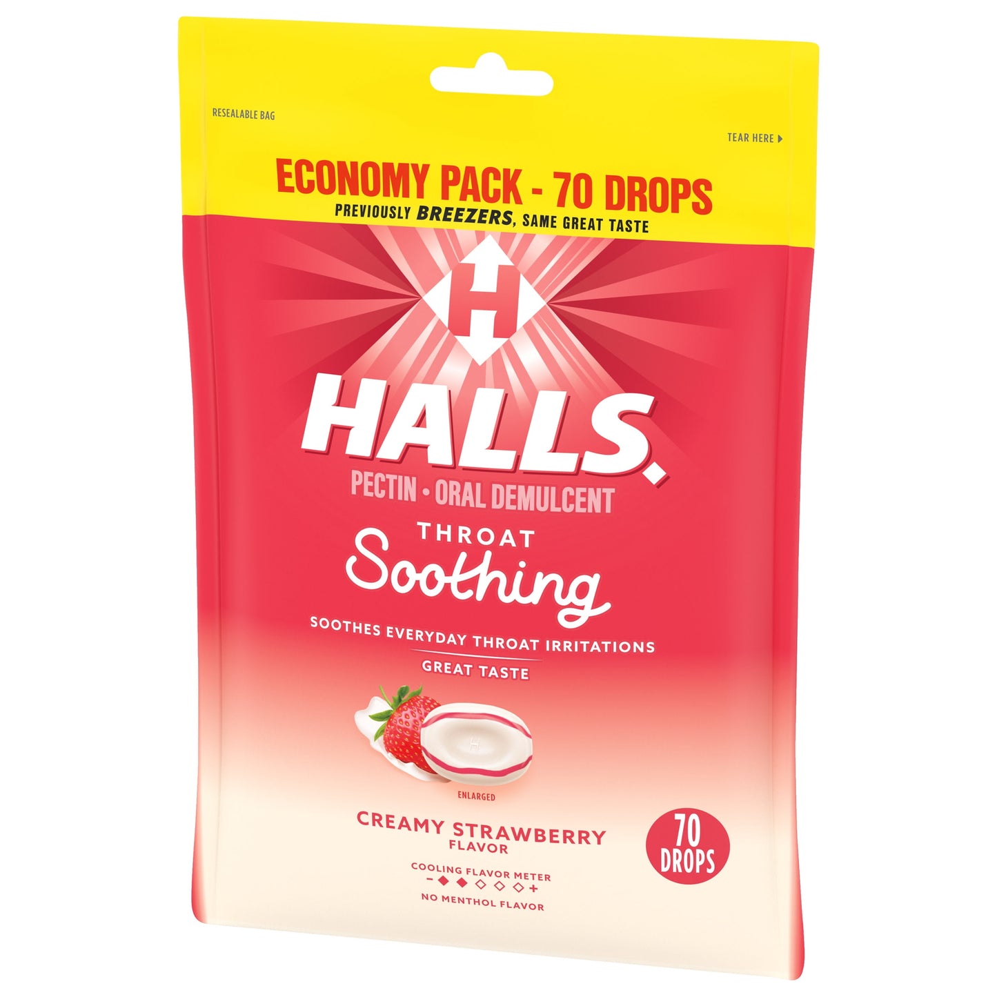 HALLS Throat Soothing Creamy Strawberry Throat Drops, Economy Pack, 70 Drops