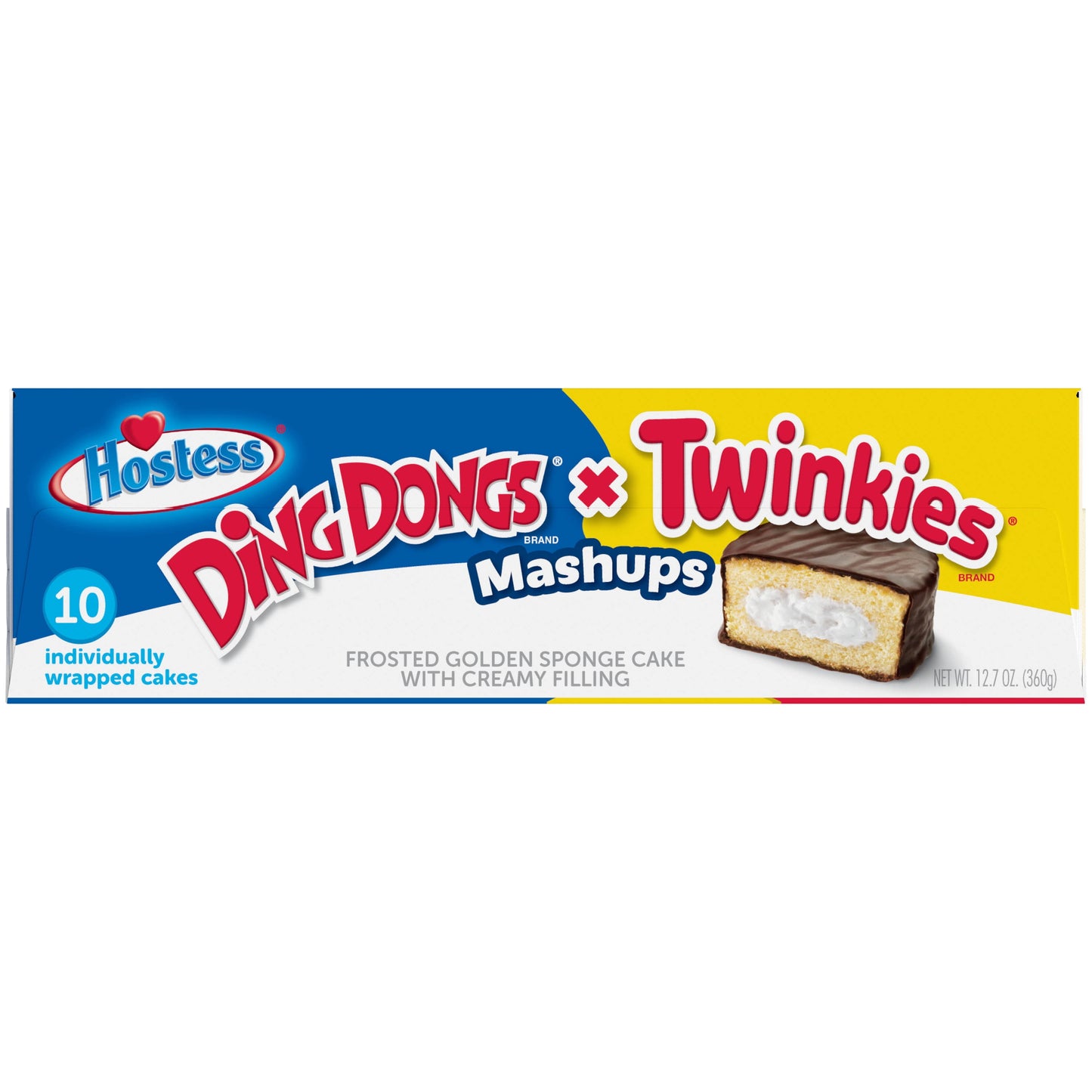 Hostess Ding Dong Twinkie Mash-Up 12.7oz 10 count.  Frosted Golden Sponge Cake with Creamy Filling