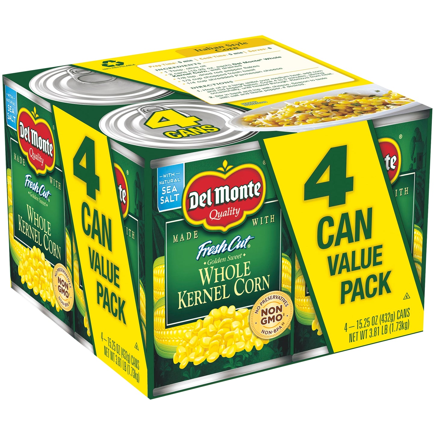 (4 Cans) Del Monte Whole Kernel Canned Corn, 15.25 oz