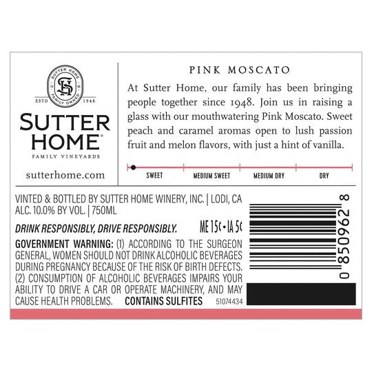 Sutter Home Pink Moscato Pink Wine, 750 ml Bottle