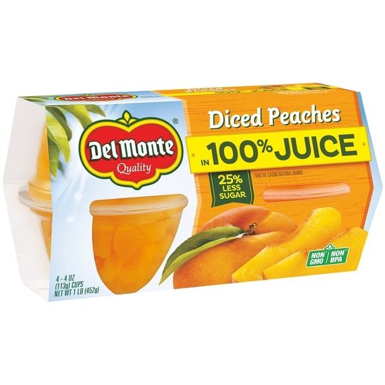 (4 Cups) Del Monte Diced Peaches Fruit Cup Snacks, 100% Juice, 4 oz