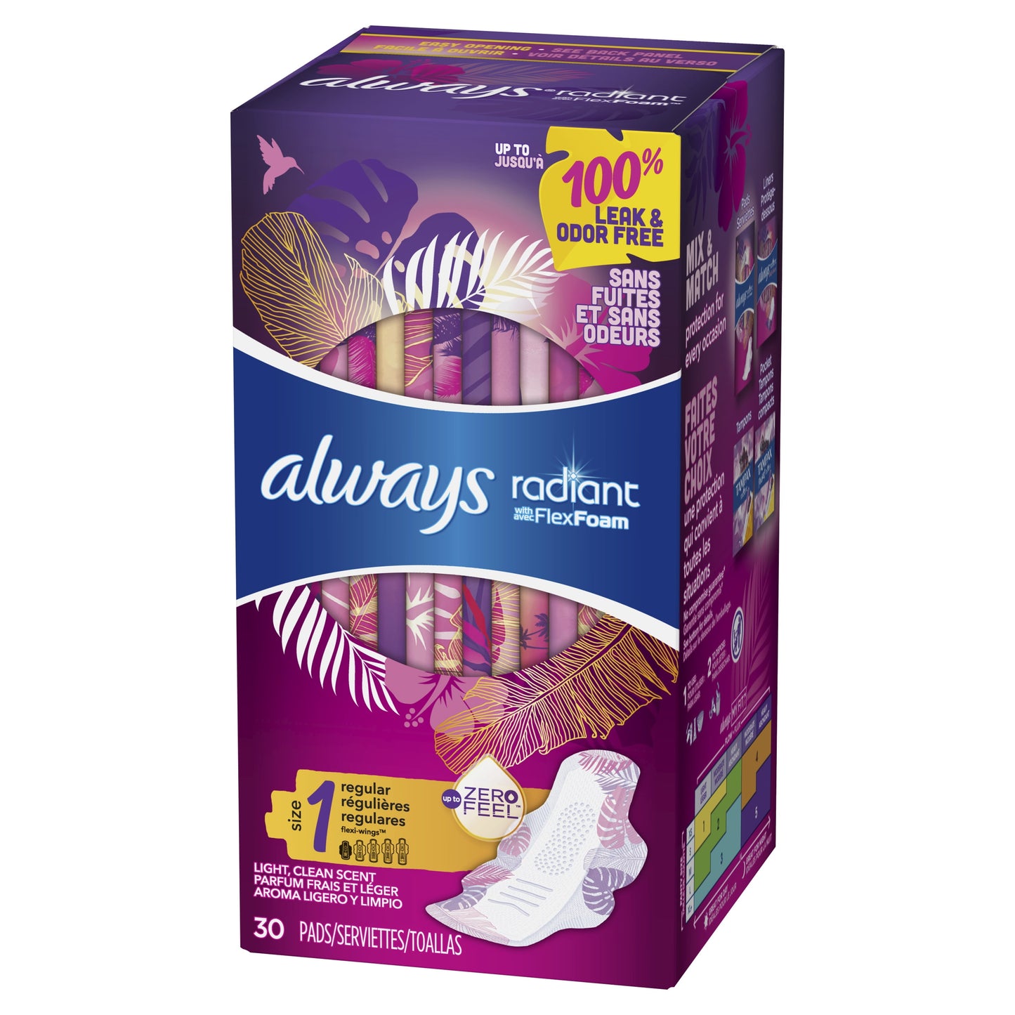 Always Radiant Feminine Pads with Wings, Size 1, Regular Absorbency, Scented, 30 Count