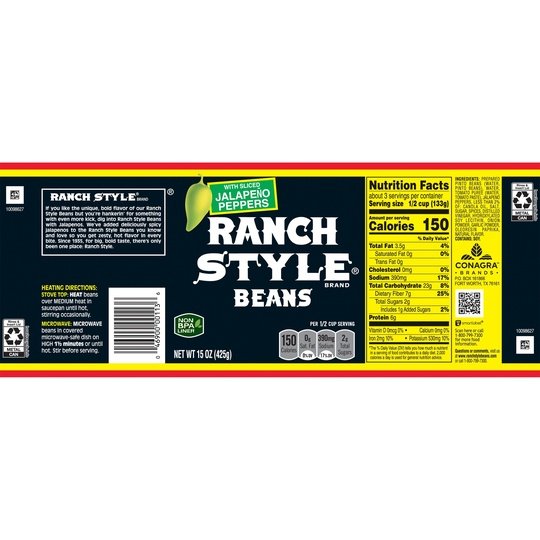 Ranch Style Beans with Sliced Jalapeno Peppers, 15 oz Can