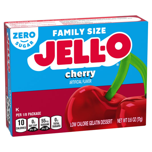 Jell-O Cherry Artificially Flavored Zero Sugar Low Calorie Gelatin Dessert Mix, Family Size, 0.6 oz Box