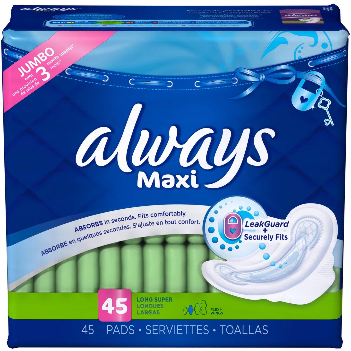 Always Maxi Size 2 Long Super Pads with Wings, Unscented, 45 Count