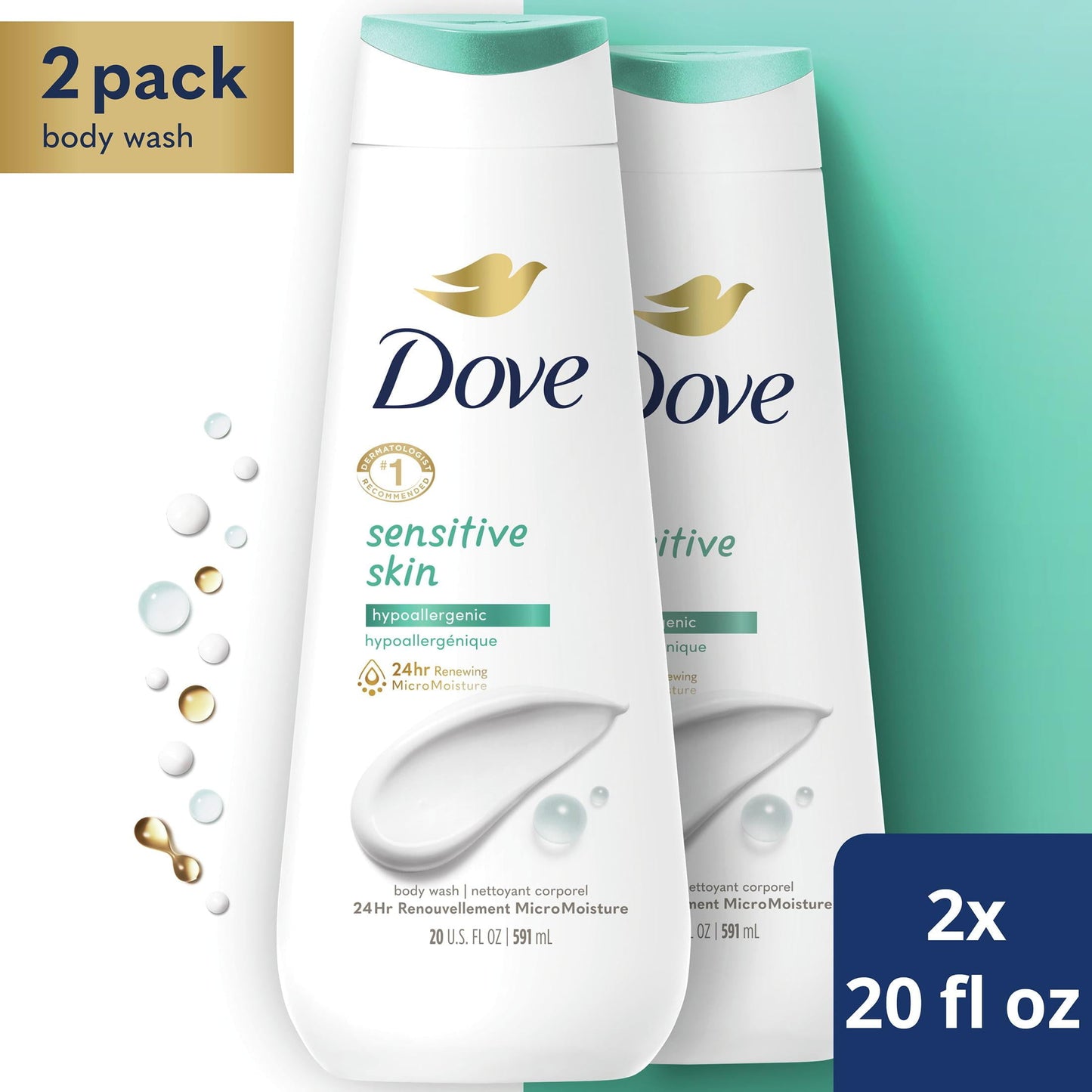 Dove Sensitive Skin Long Lasting Gentle Hypoallergenic Body Wash Twin Pack, 20 fl oz