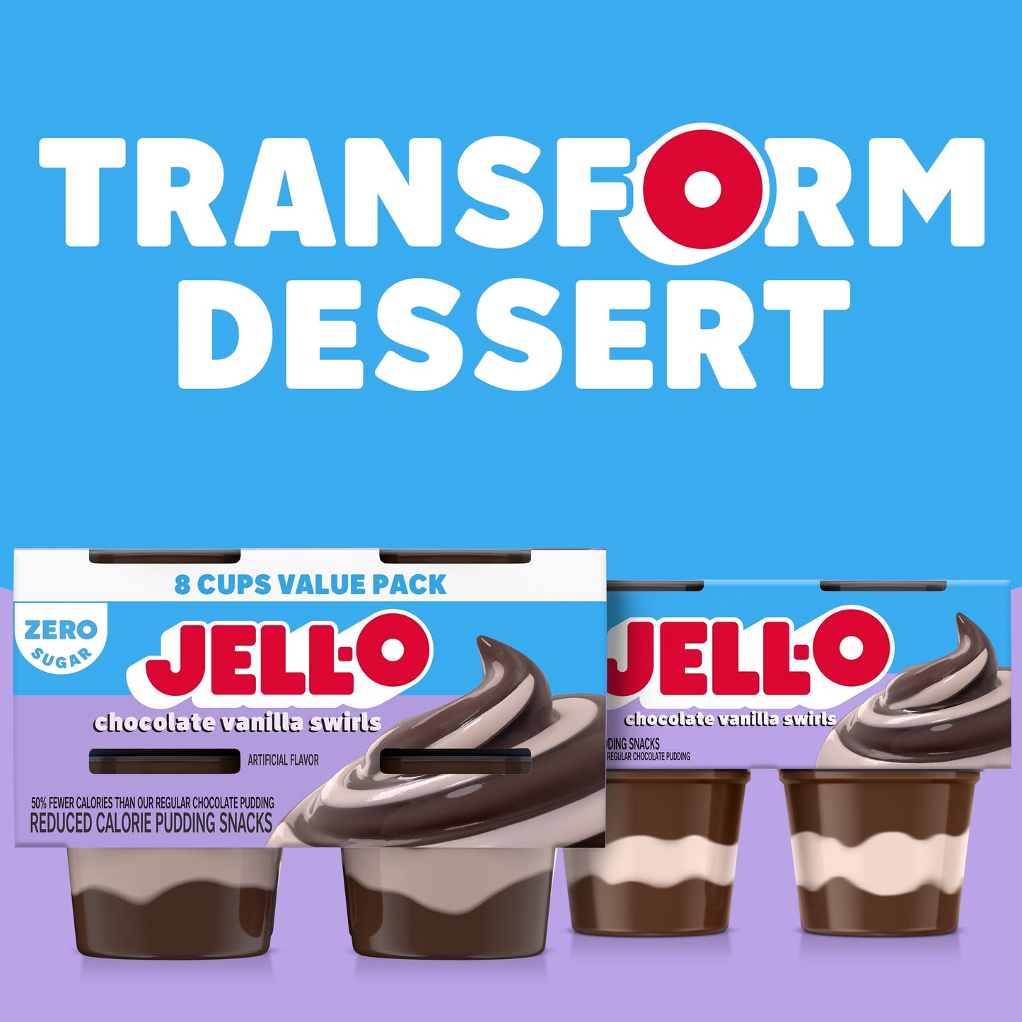 Jell-O Chocolate Vanilla Swirls Sugar Free Pudding Cups Snack Value Pack, 8 Ct Cups