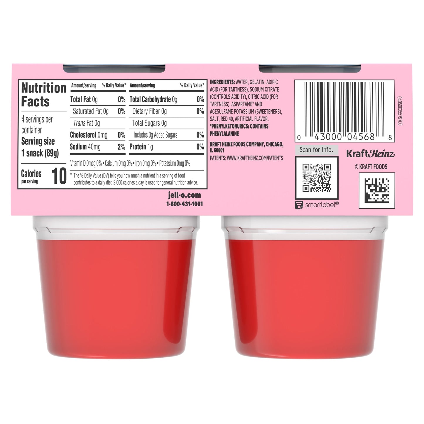 Jell-O Strawberry Sugar Free Jello Cups Gelatin Snack, 4 Ct Cups