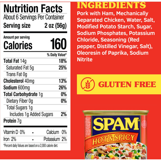 SPAM Hot & Spicy, 7 g of protein, 12 oz Aluminum Can