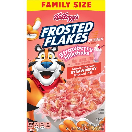 Kellogg's Frosted Flakes Strawberry Milkshake Breakfast Cereal, Family Size, 20.1 oz Box