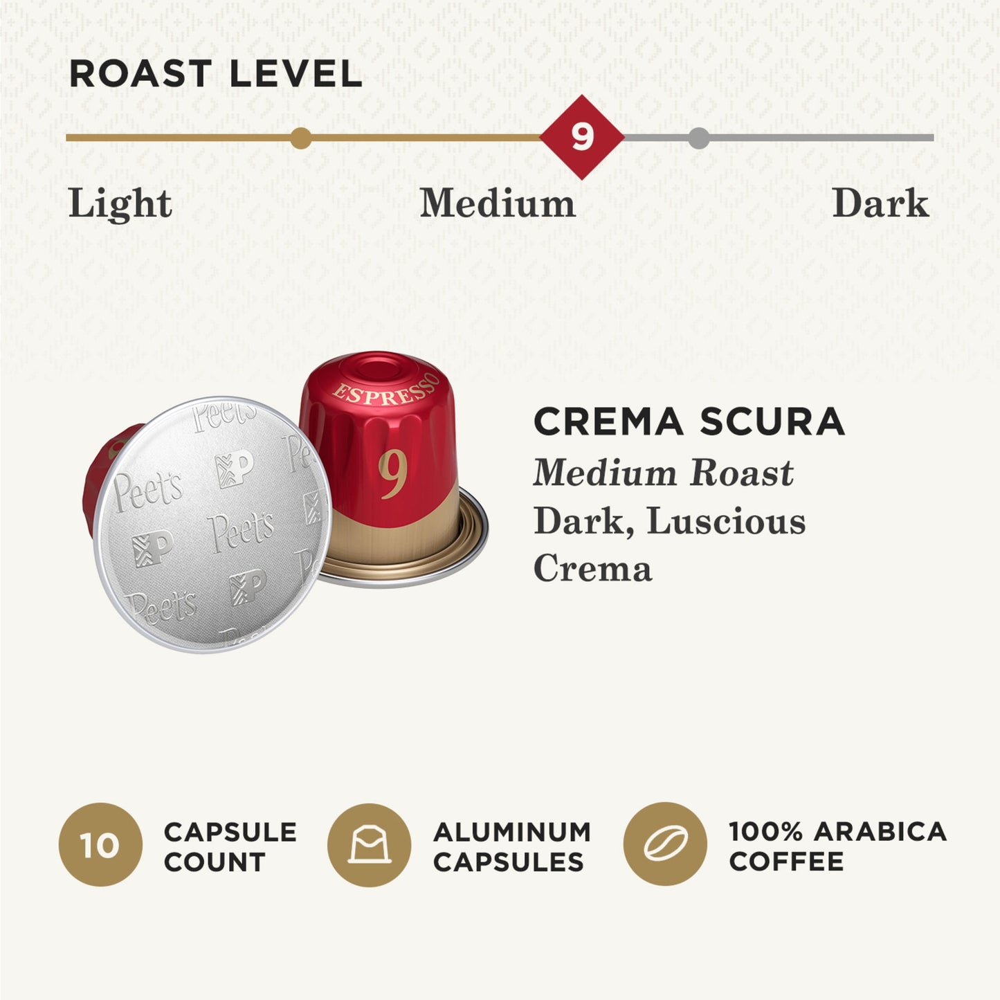 Peet's Coffee Crema Scura Espresso Coffee Pods, Premium Medium Roast Intensity 9, 10 Count, Single Serve Capsules Compatible with Nespresso Original