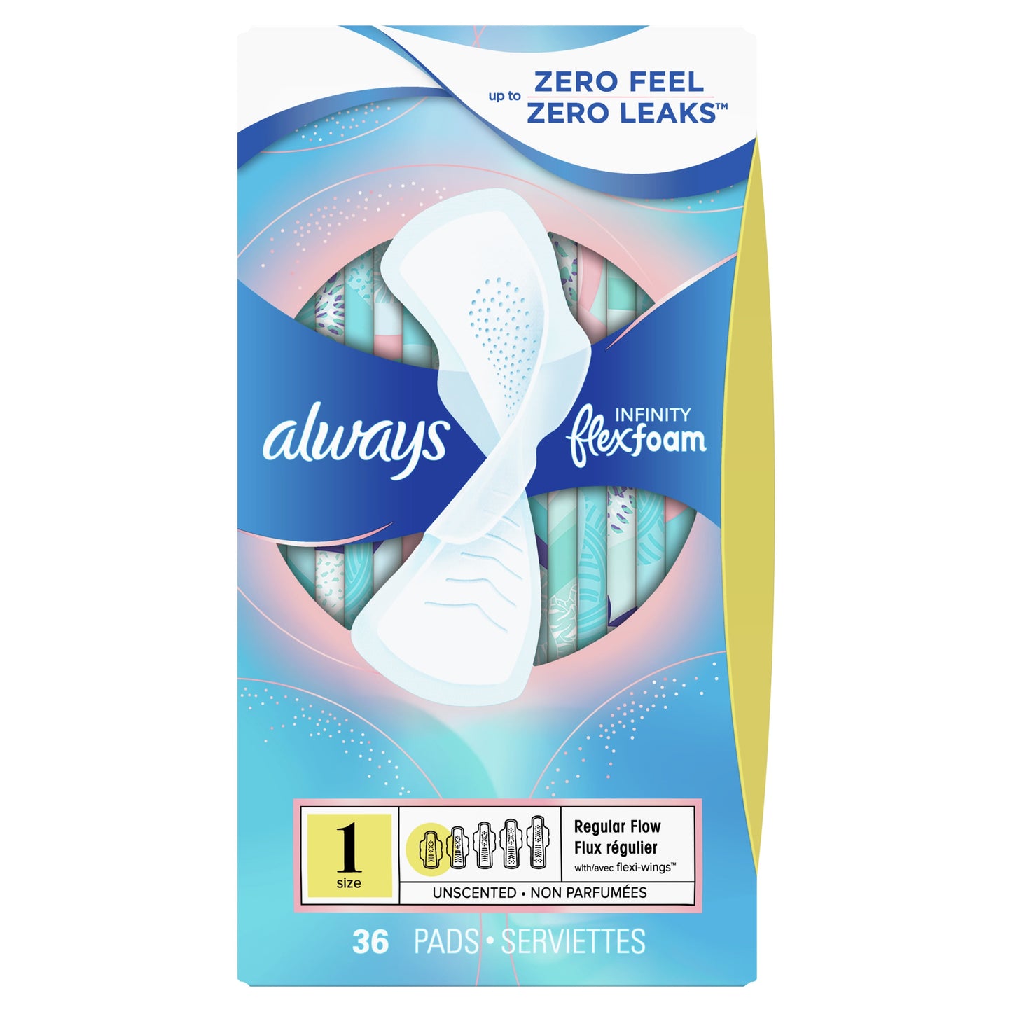 Always Infinity Feminine Pads with Wings, Size 1, Regular Absorbency, Unscented, 36 Count